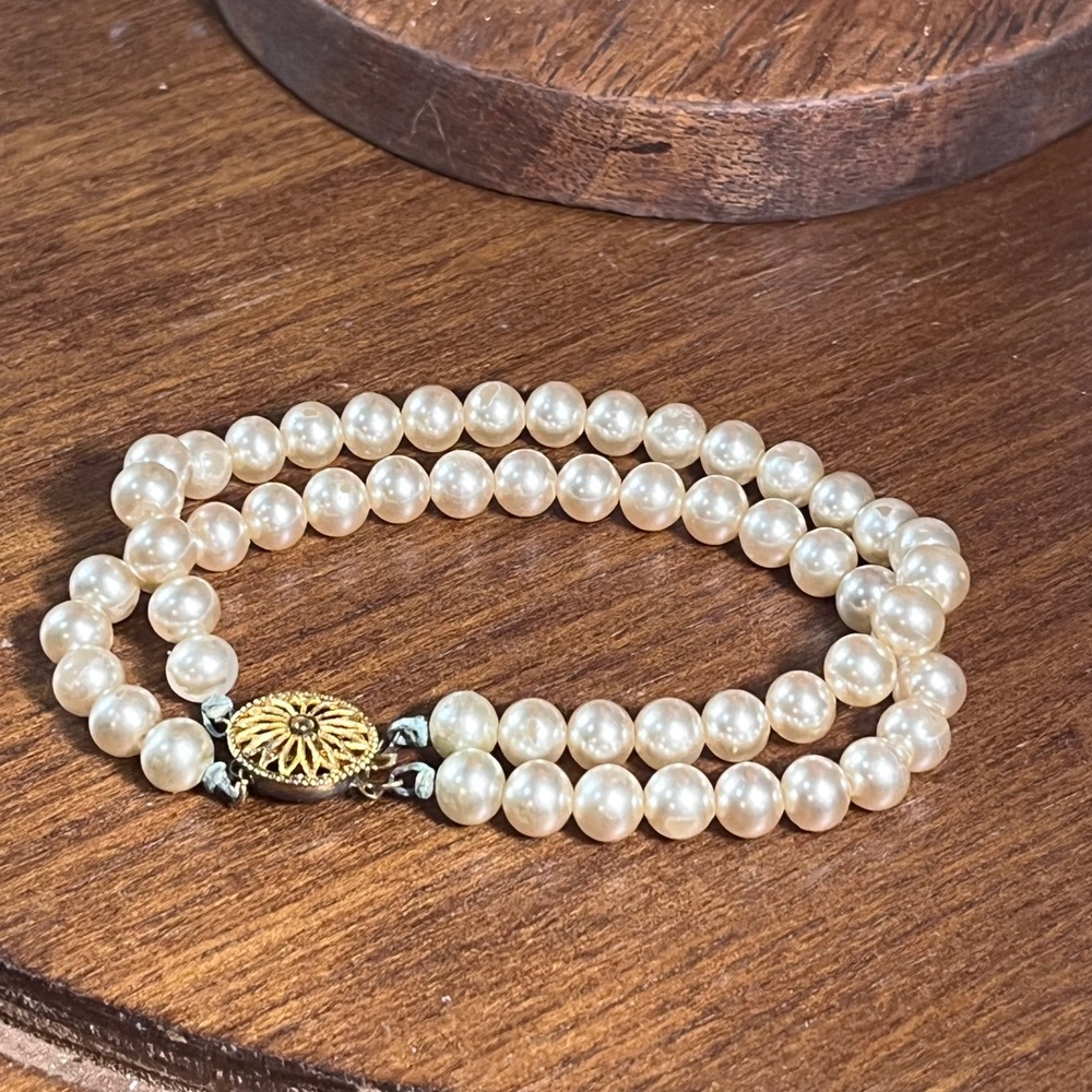 Vtg Double Strand Faux Pearl Bracelet Gold Tone Filigree Clasp 6.75 Inch